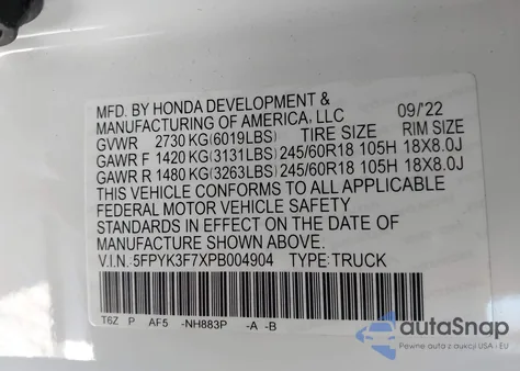 2023 Honda Ridgeline Rtl-E z USA, uszkodzony, nr VIN 5FPYK3F7XPB004904